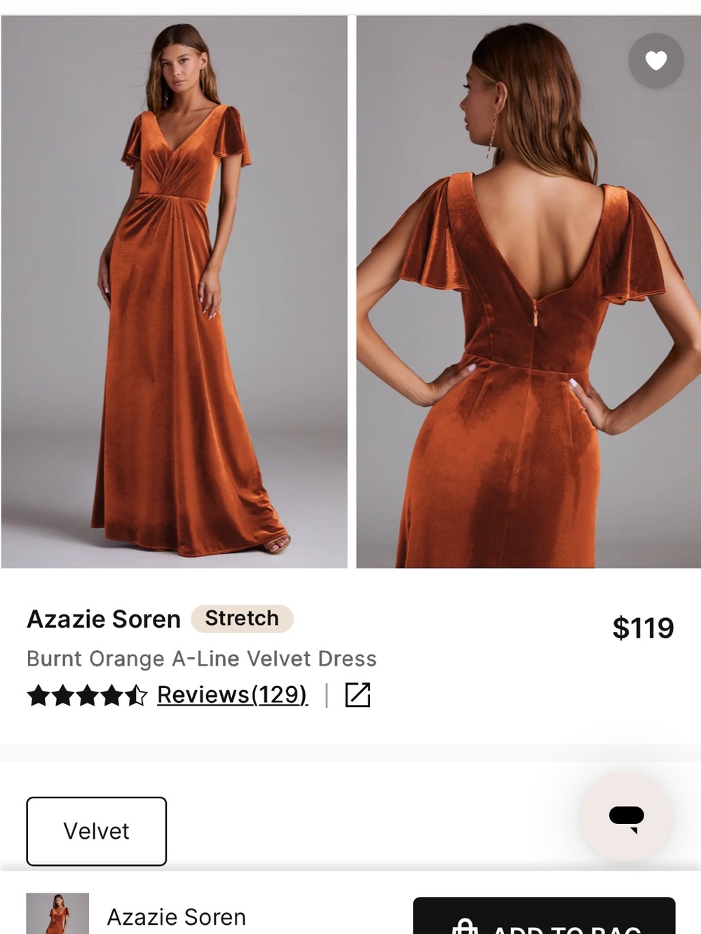 Azazie Soren Velvet Dress - Burnt Orange - Size 22